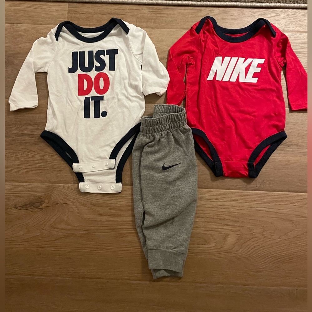 6M (6-month) Nike White and Black Crew Neck Shirt Onsies and Pants